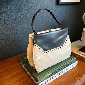 Vintage MCM Midcentury Navy and Ivory Handbag with Gold Hardware